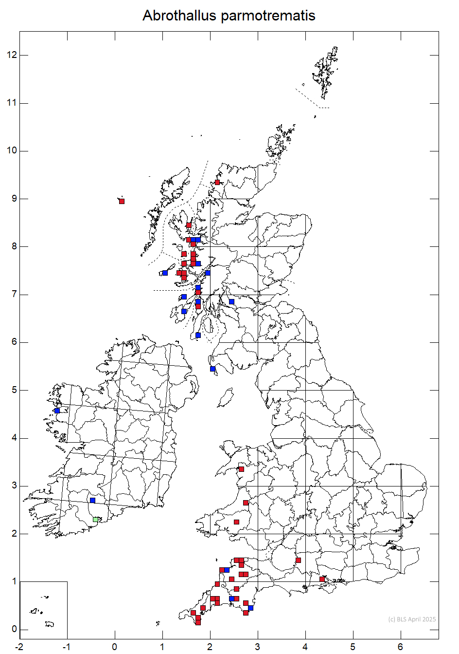 Abrothallus parmotrematis 10km distribution map Abrothallus parmotrematis 10km distribution map