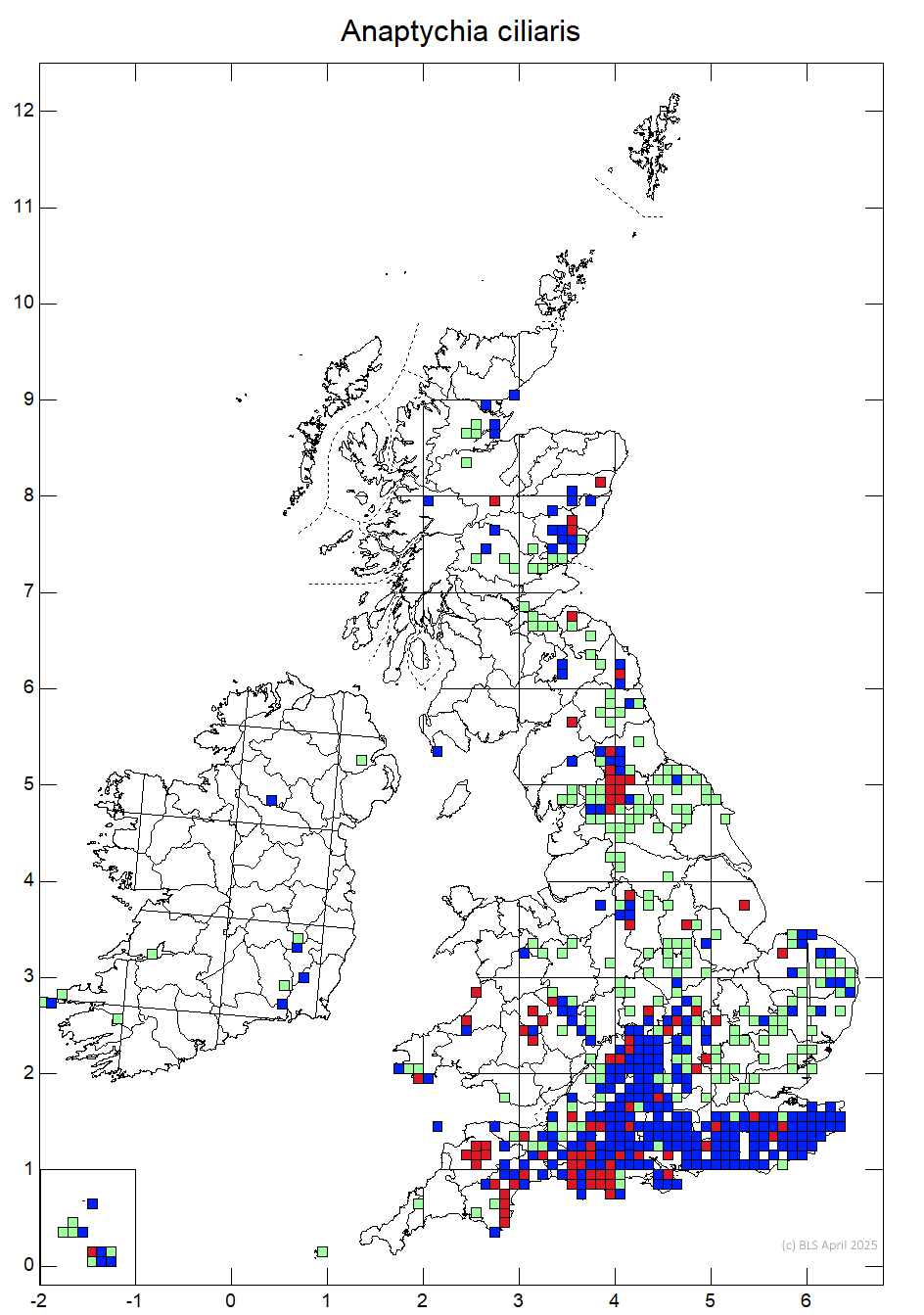 Anaptychia ciliaris 10km distribution map Anaptychia ciliaris 10km distribution map