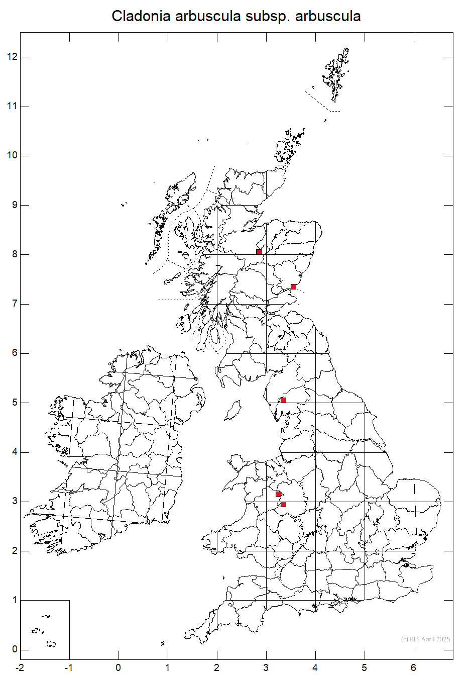 Cladonia arbuscula subsp. arbuscula 10km sq distribution map Cladonia arbuscula subsp. arbuscula 10km sq distribution map