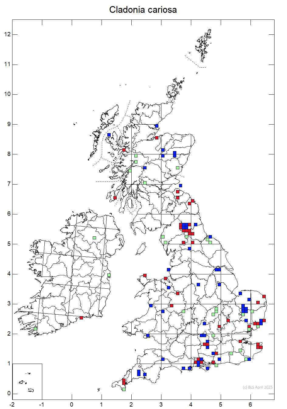 Cladonia cariosa 10km sq distribution map Cladonia cariosa 10km sq distribution map