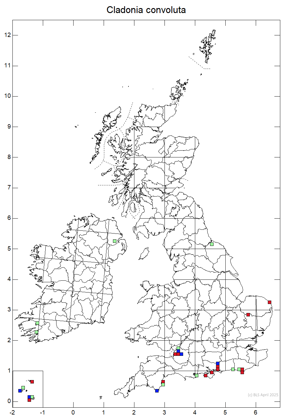 Cladonia convoluta 10km sq distribution map Cladonia convoluta 10km sq distribution map
