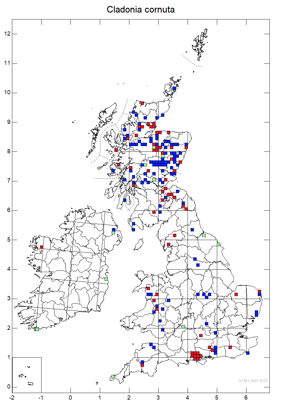 Cladonia cornuta 10km distribution map Cladonia cornuta 10km distribution map