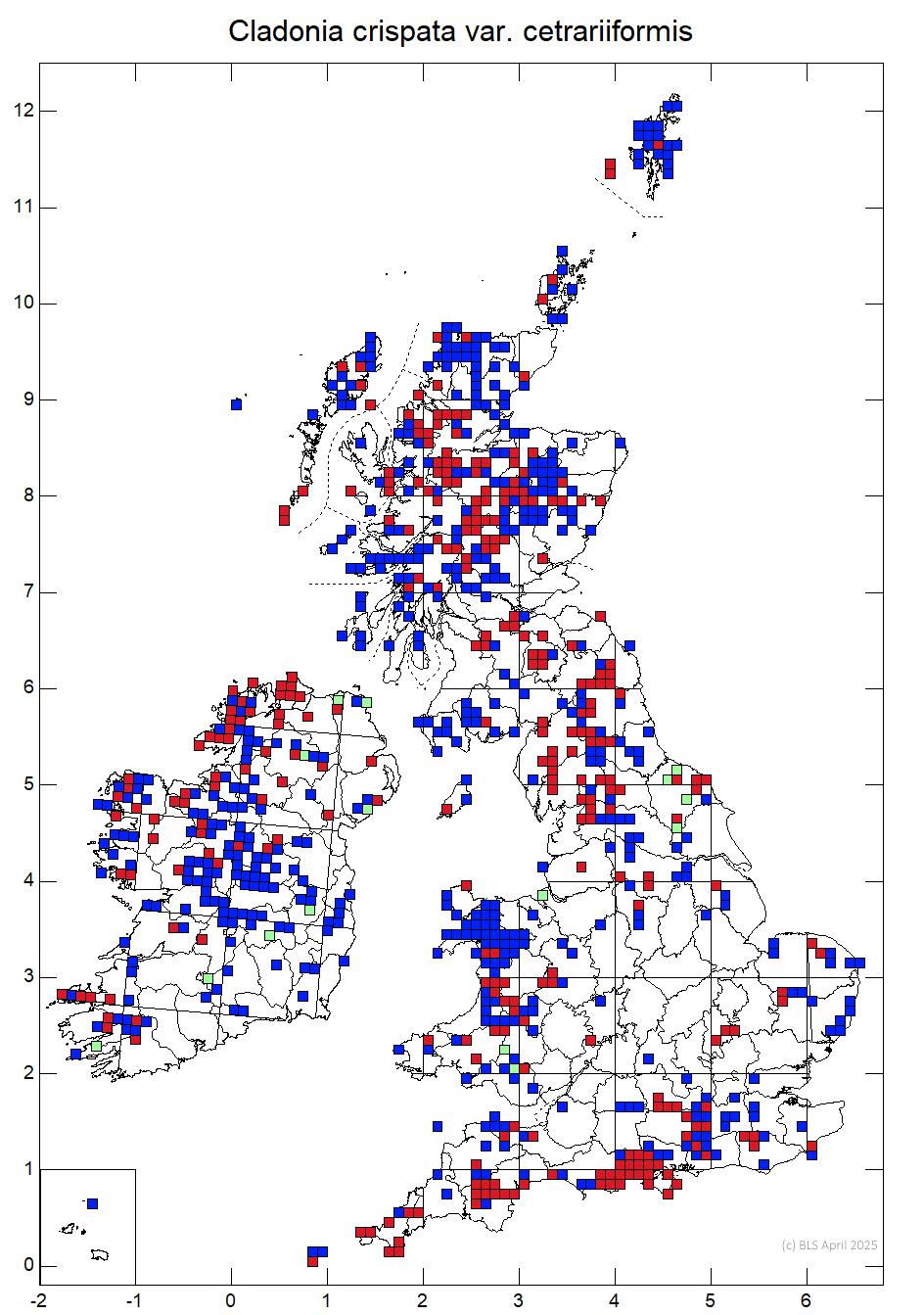 Cladonia crispata var. cetrariiformis 10km sq distribution map Cladonia crispata var. cetrariiformis 10km sq distribution map