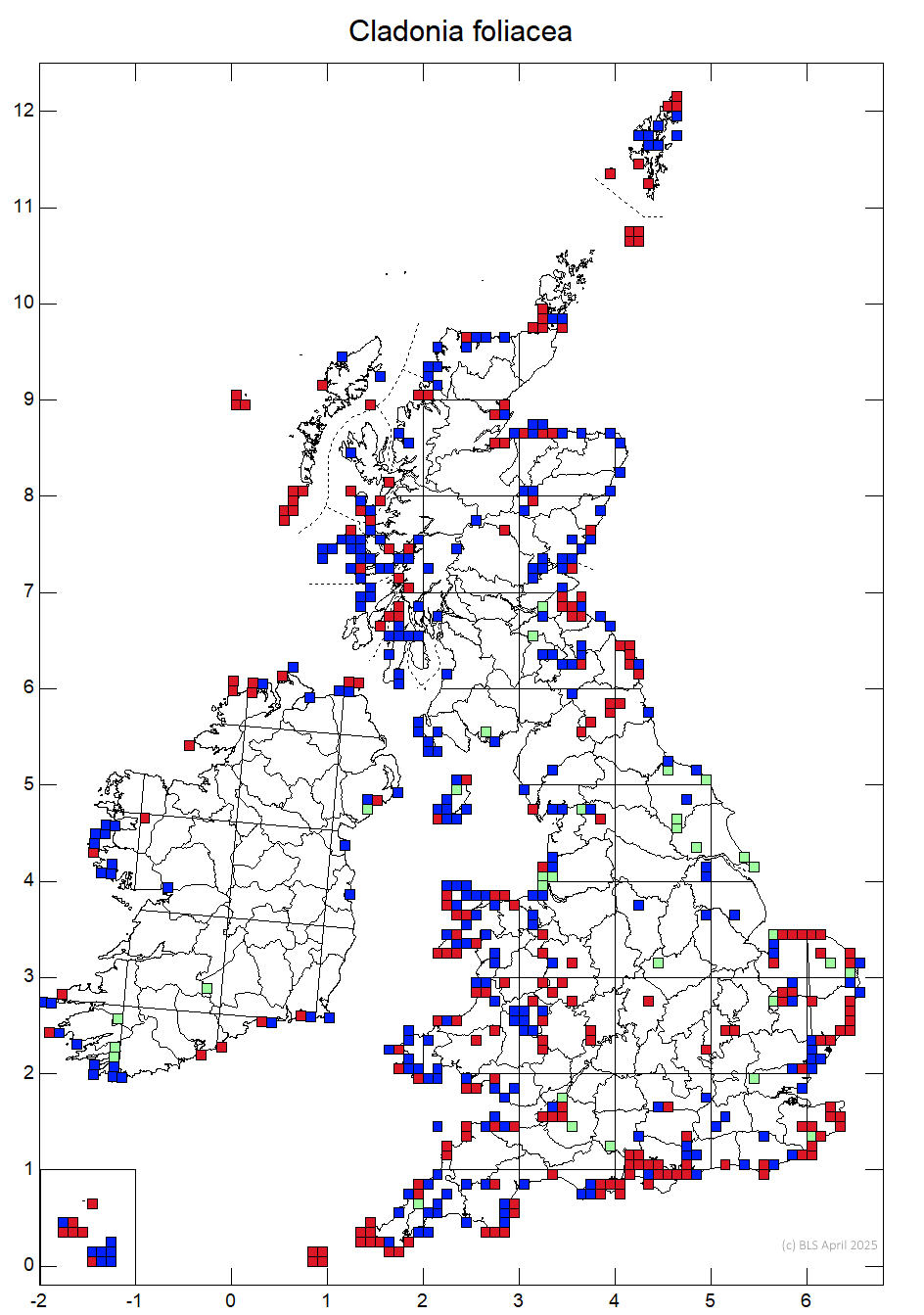 Cladonia foliacea 10km sq distribution map Cladonia foliacea 10km sq distribution map