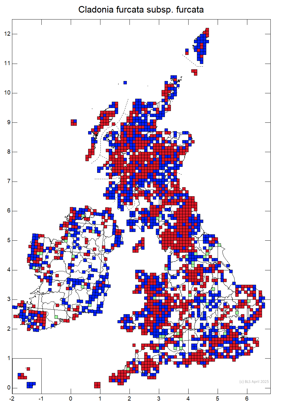 Cladonia furcata subsp. furcata 10km sq distribution map Cladonia furcata subsp. furcata 10km sq distribution map