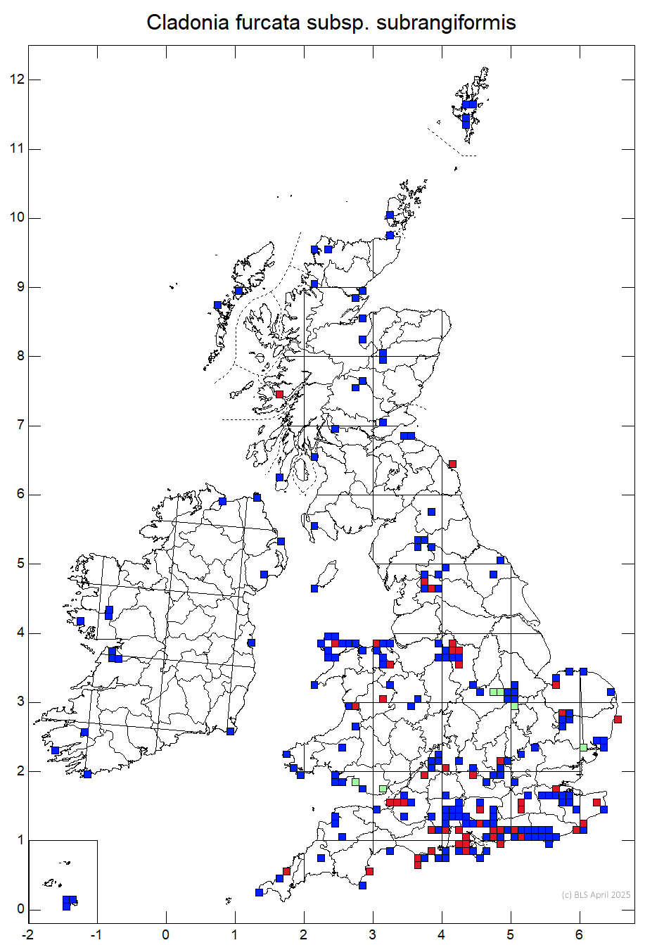 Cladonia furcata subsp. subrangiformis 1km sq distribution map Cladonia furcata subsp. subrangiformis 1km sq distribution map