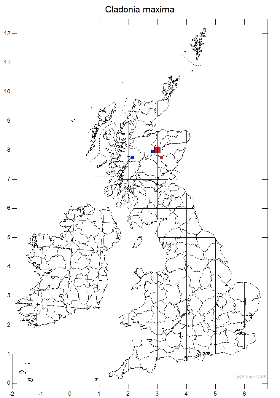 Cladonia maxima 10km sq distribution map Cladonia maxima 10km sq distribution map