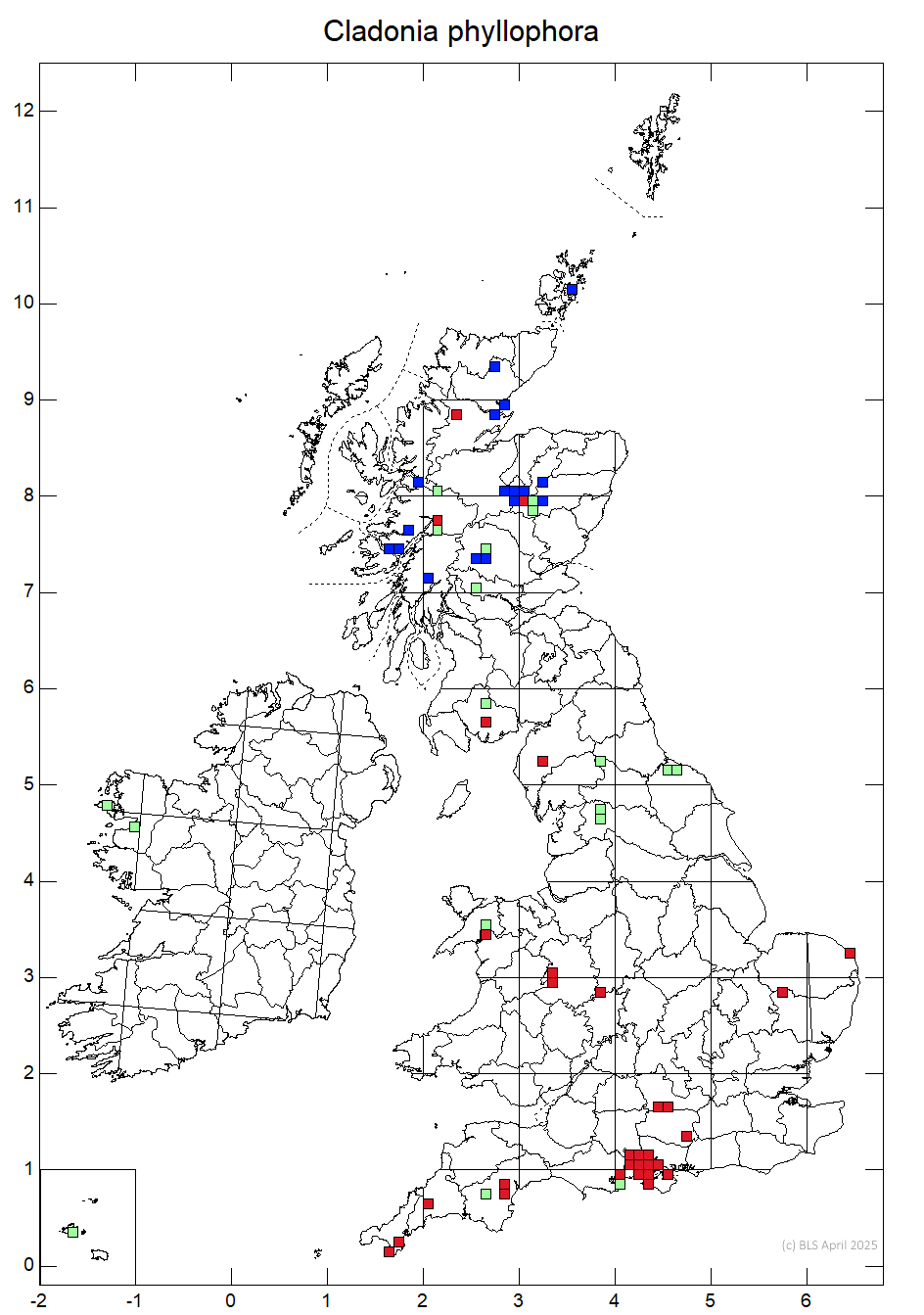 Cladonia phyllophora 10km sq distribution map Cladonia phyllophora 10km sq distribution map