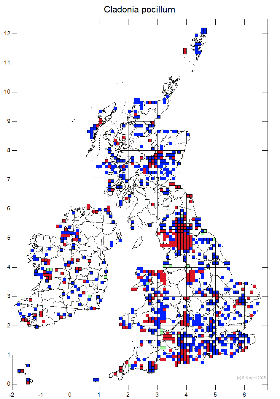 Cladonia pocillum 10km sq distribution map Cladonia pocillum 10km sq distribution map