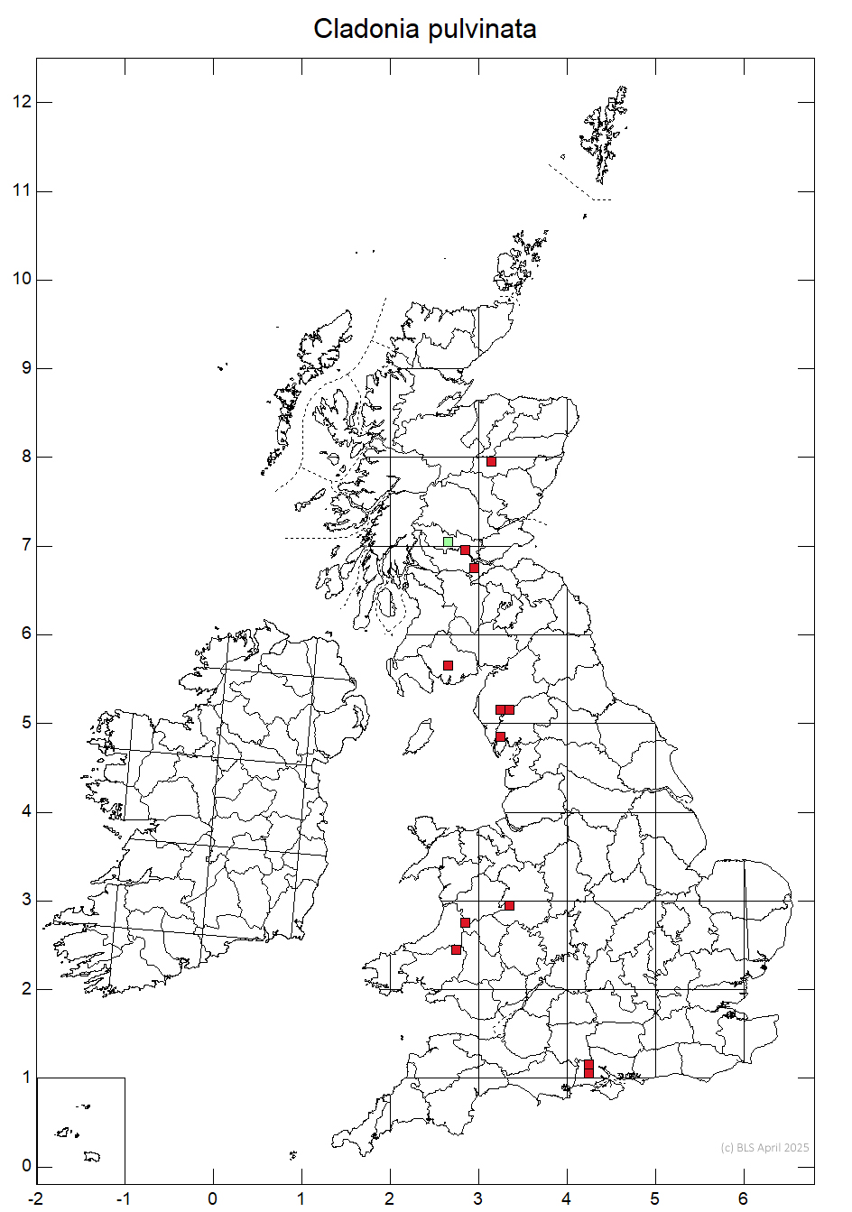 Cladonia pulvinata 10km distribution map Cladonia pulvinata 10km distribution map