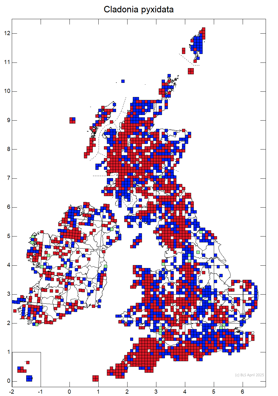 Cladonia pyxidata 10km sq distribution map Cladonia pyxidata 10km sq distribution map