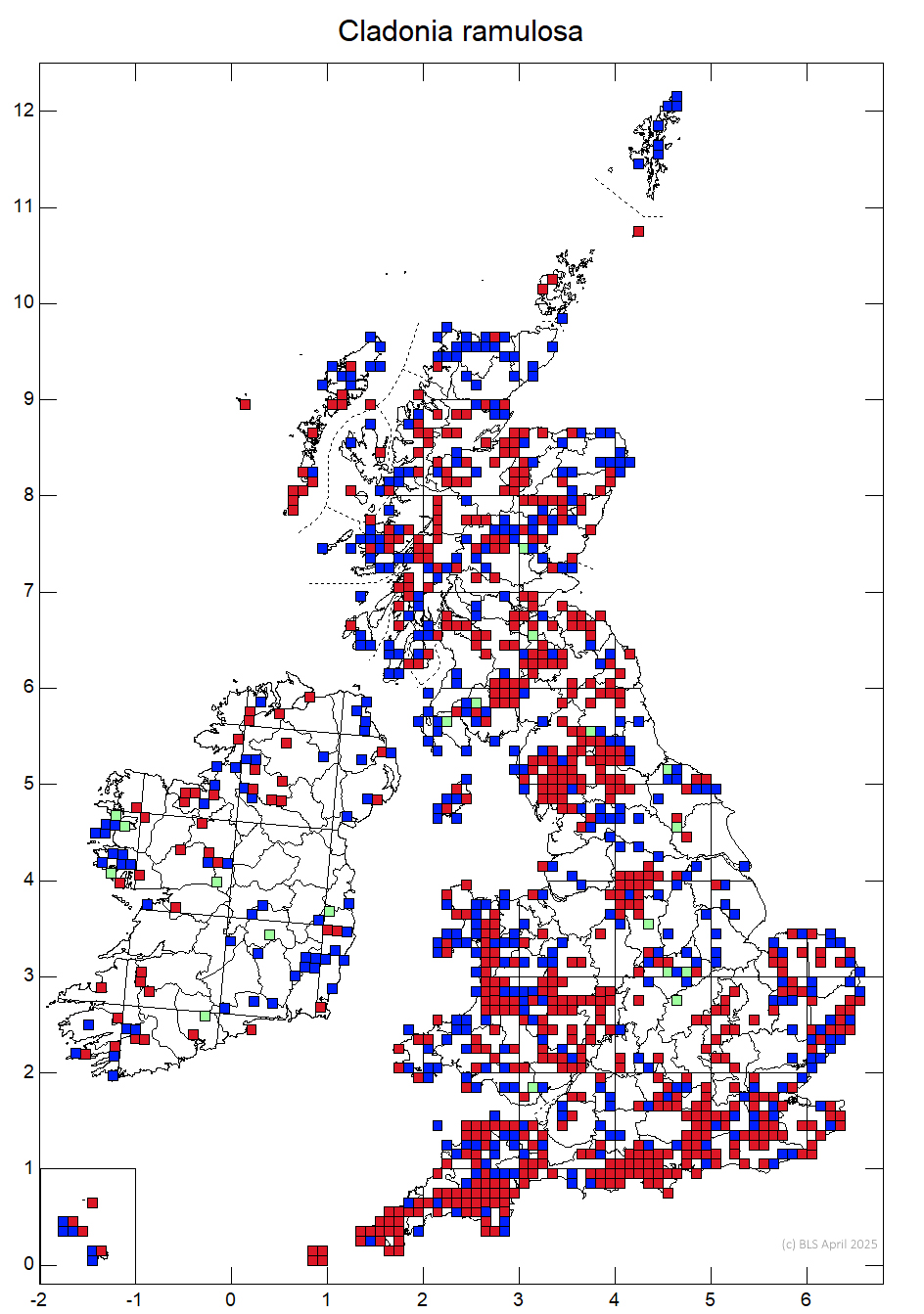 Cladonia ramulosa 10km sq distribution map Cladonia ramulosa 10km sq distribution map