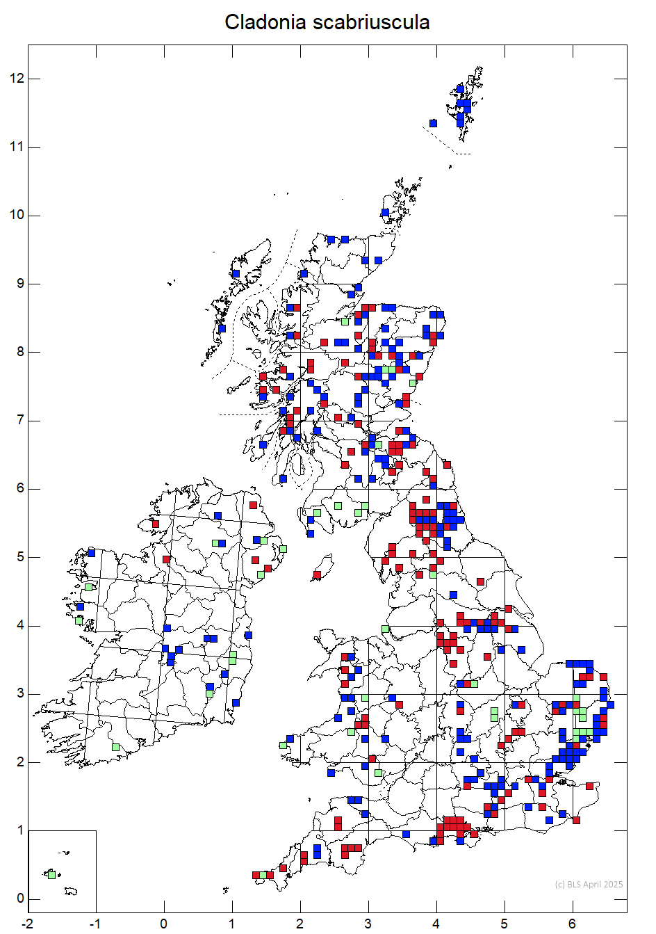 Cladonia scabriuscula 10km sq distribution map Cladonia scabriuscula 10km sq distribution map