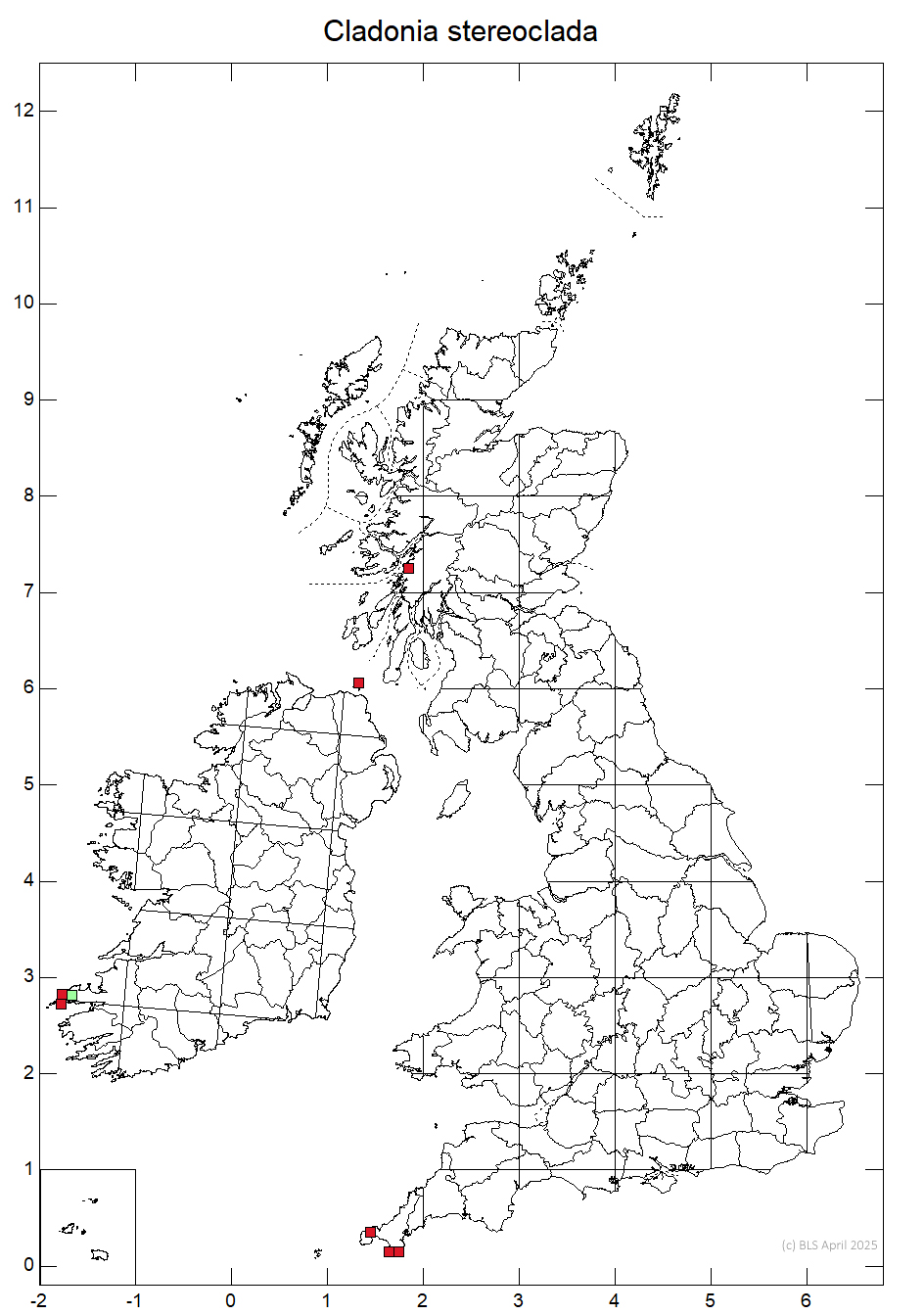 Cladonia stereoclada 10km sq distribution map Cladonia stereoclada 10km sq distribution map