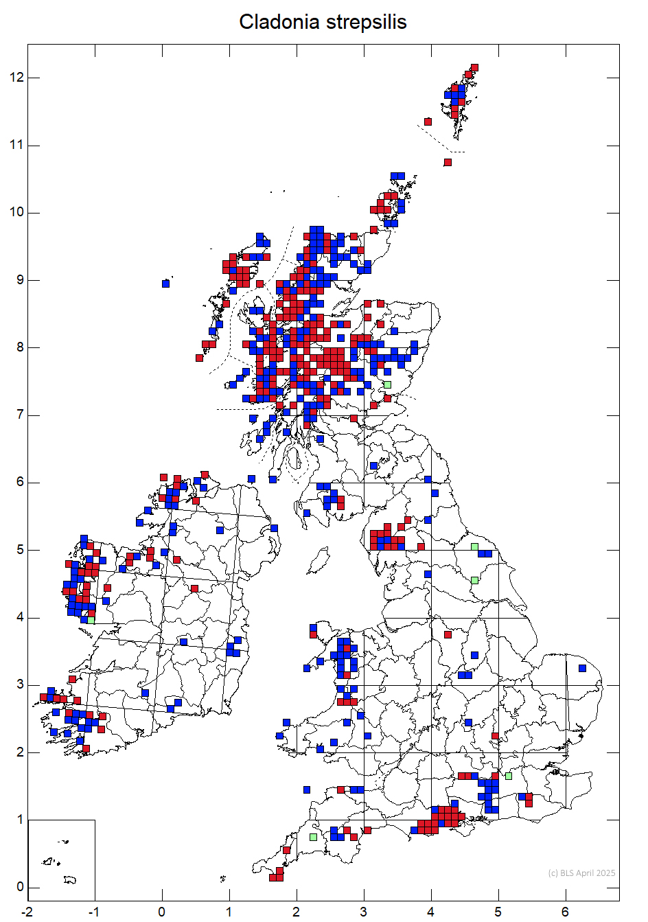 Cladonia strepsilis 10km sq distribution map Cladonia strepsilis 10km sq distribution map