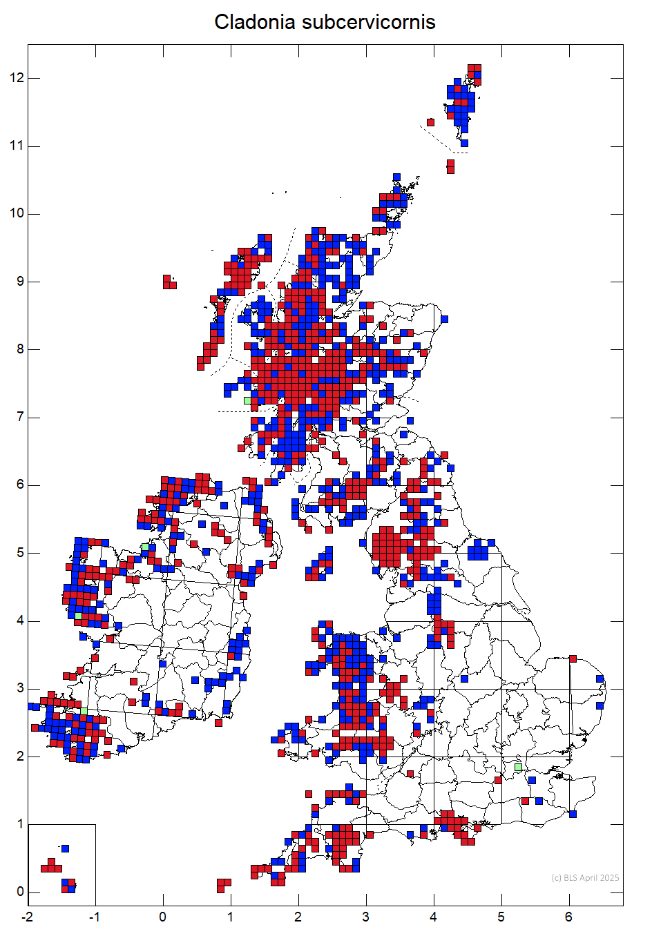 Cladonia subcervicornis 10km sq distribution map Cladonia subcervicornis 10km sq distribution map