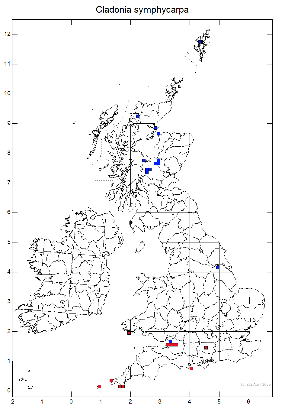 Cladonia symphycarpa 10km distribution map Cladonia symphycarpa 10km distribution map