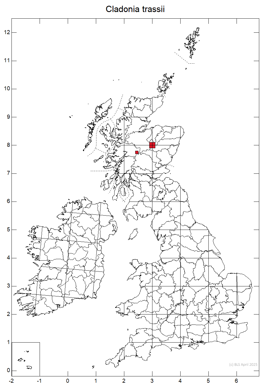 Cladonia trassii 10km sq distribution map Cladonia trassii 10km sq distribution map