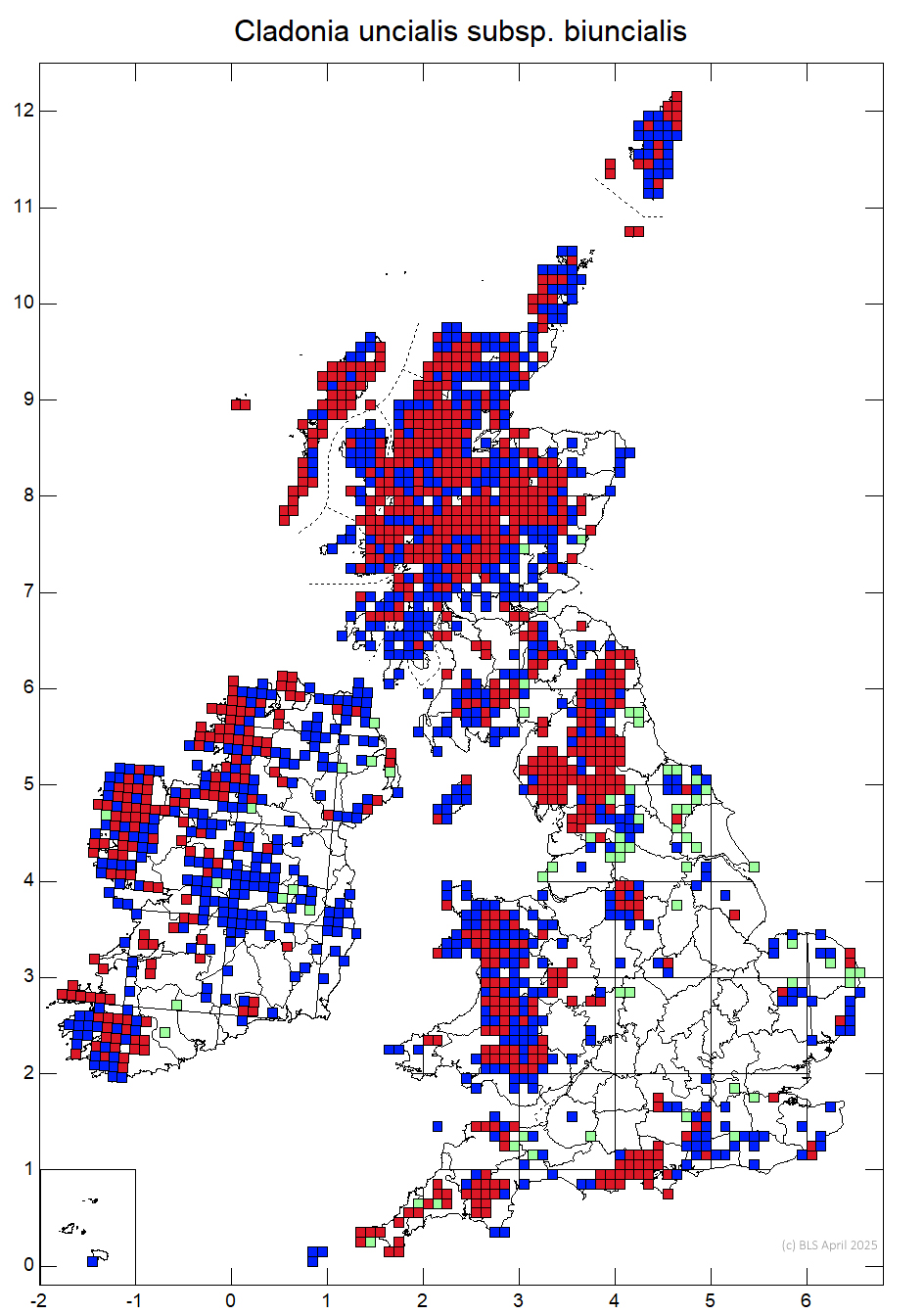 Cladonia uncialis subsp. biuncialis 10km sq distribution map Cladonia uncialis subsp. biuncialis 10km sq distribution map