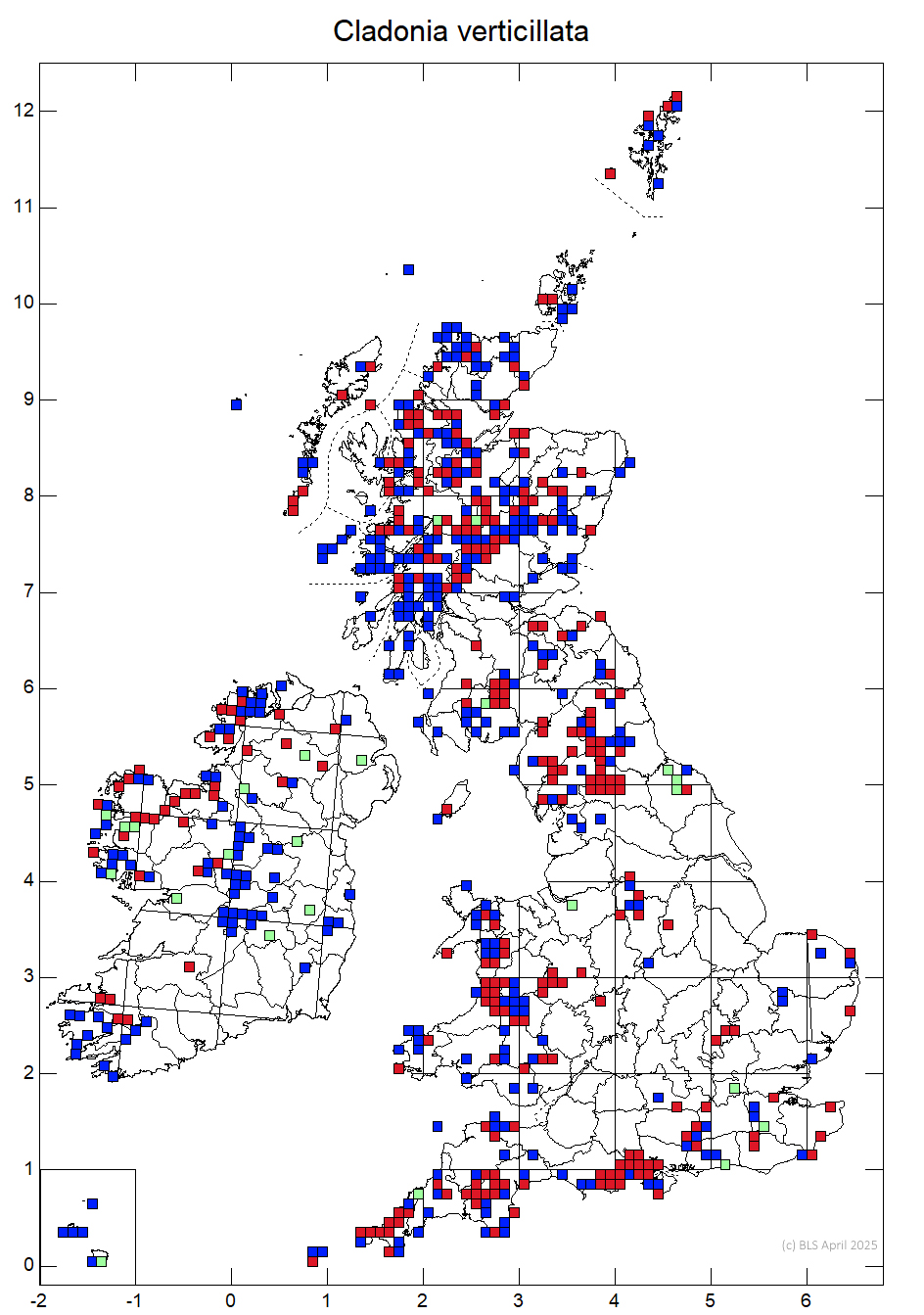 Cladonia verticillata 10km distribution map Cladonia verticillata 10km distribution map
