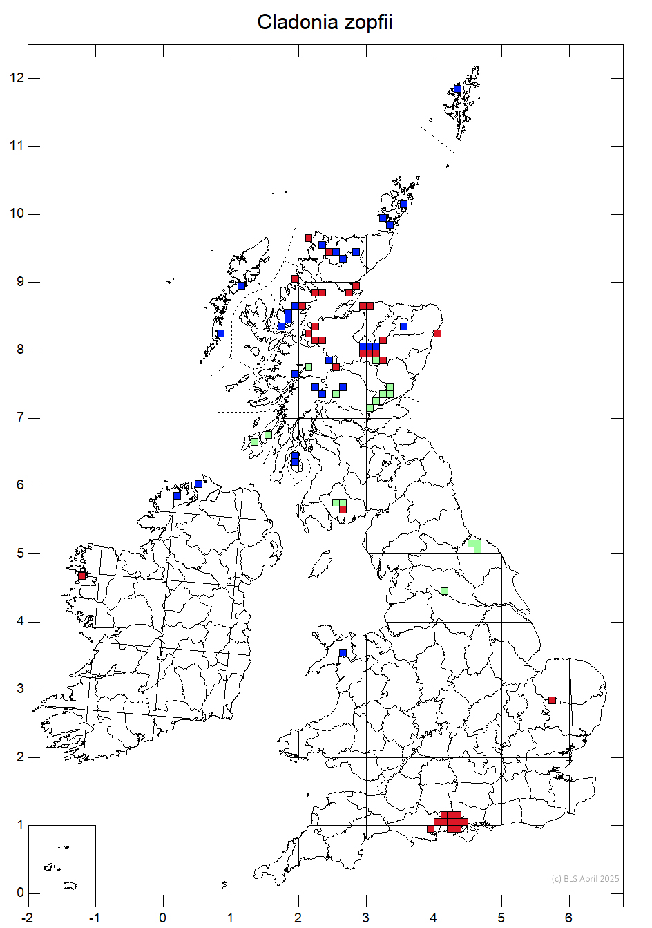 Cladonia zopfii 10km sq distribution map Cladonia zopfii 10km sq distribution map