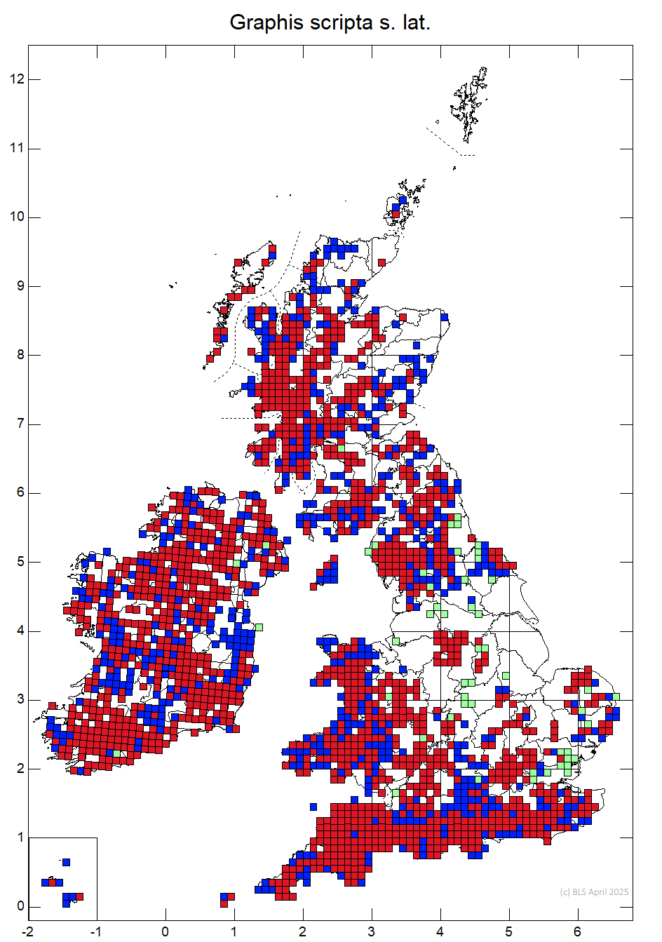 Graphis scripta s. lat. 10km distribution map Graphis scripta s. lat. 10km distribution map