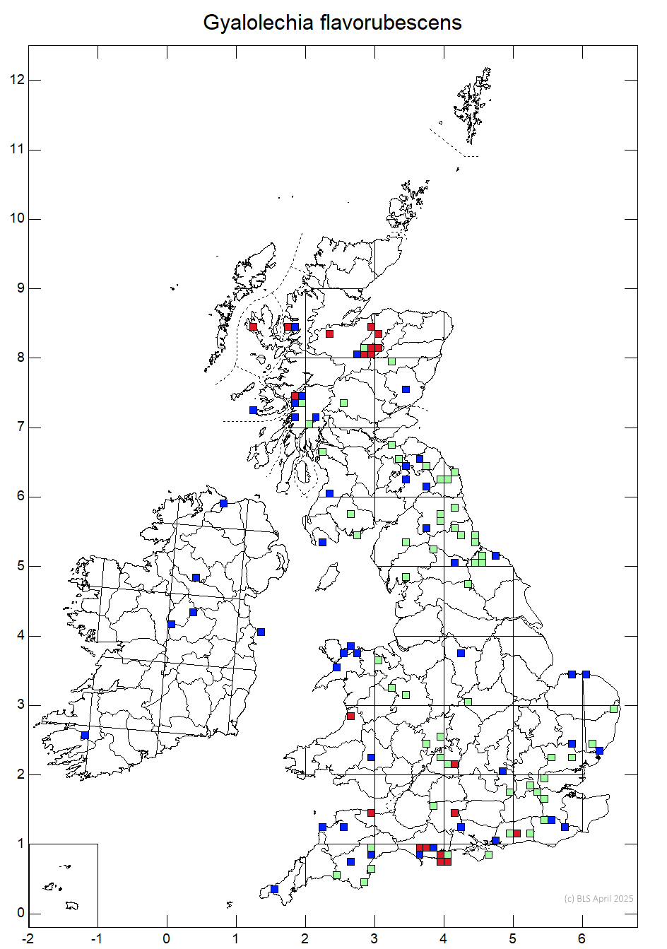 Gyalolechia flavorubescens 10km distribution Gyalolechia flavorubescens 10km distribution