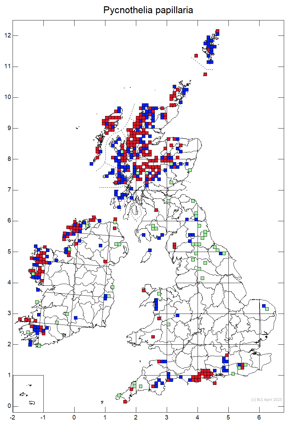 Pycnothelia papillaria 10km sq distribution map Pycnothelia papillaria 10km sq distribution map