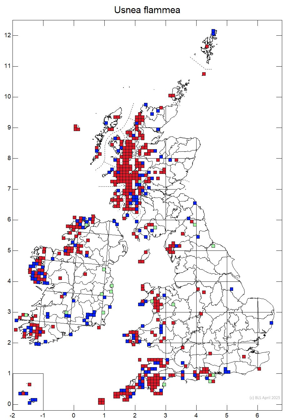 Usnea flammea 10km sq distribution map Usnea flammea 10km sq distribution map