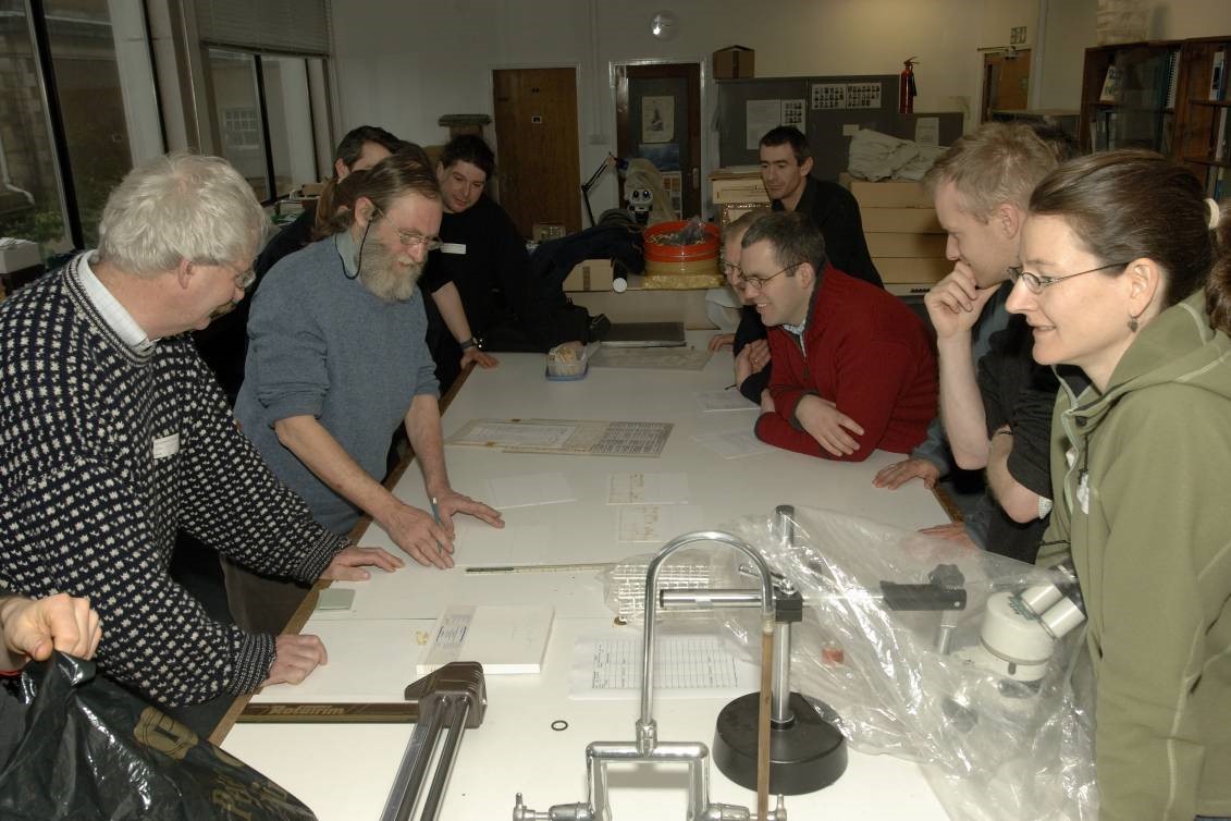 Brian Coppins demonstrating a TLC plate. RBGE 7th Feb 2006. Peter Quelch, Brian, (two obscured),Andy Acton, Richard Hewison, Peder Aspen, David Genney, (one obscured), Chris Ellis, Becky Yahr.