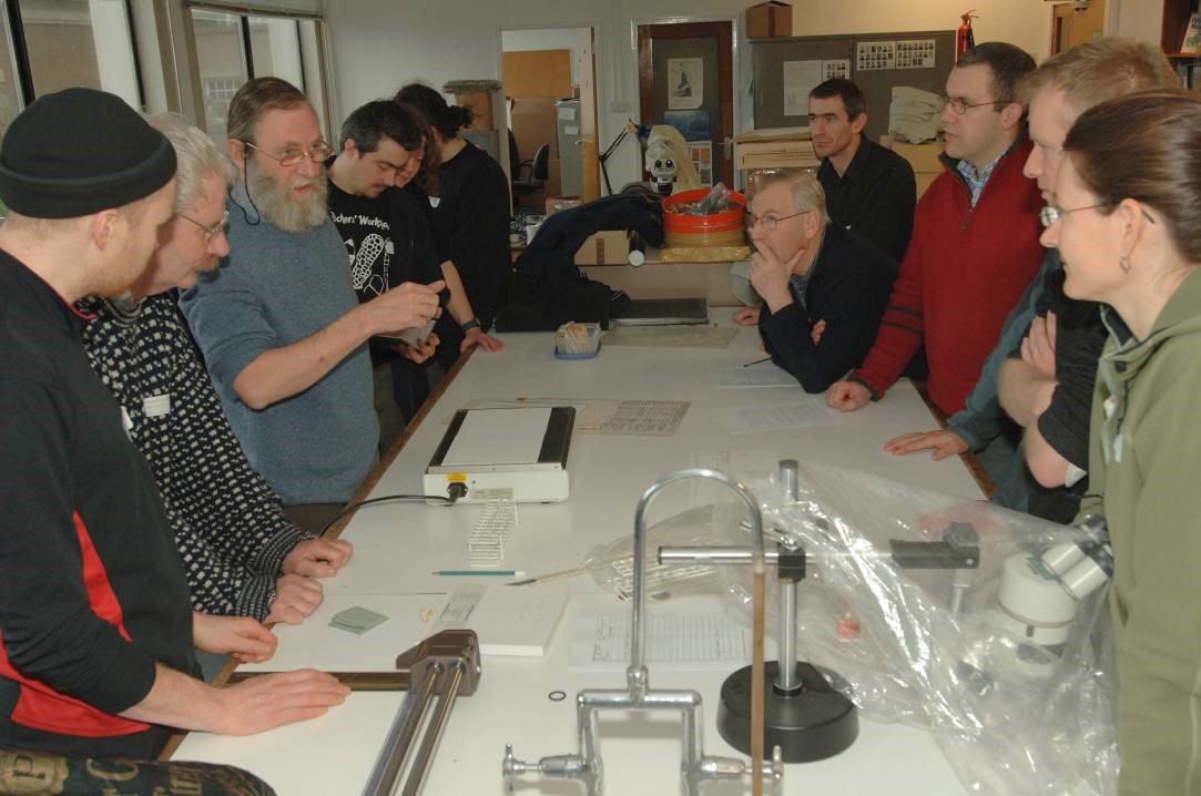 Brian Coppins demonstrating TLC in the Lab. RBGE 7th Feb 2006. Joe Hope, Peter Quelch, Brian, John Douglass, Anna Griffith (just glimpsed behind John), Andy Acton (head turned), Richard Hewison, Peder Aspen, David Genney, Chris Ellis, Becky Yahr.